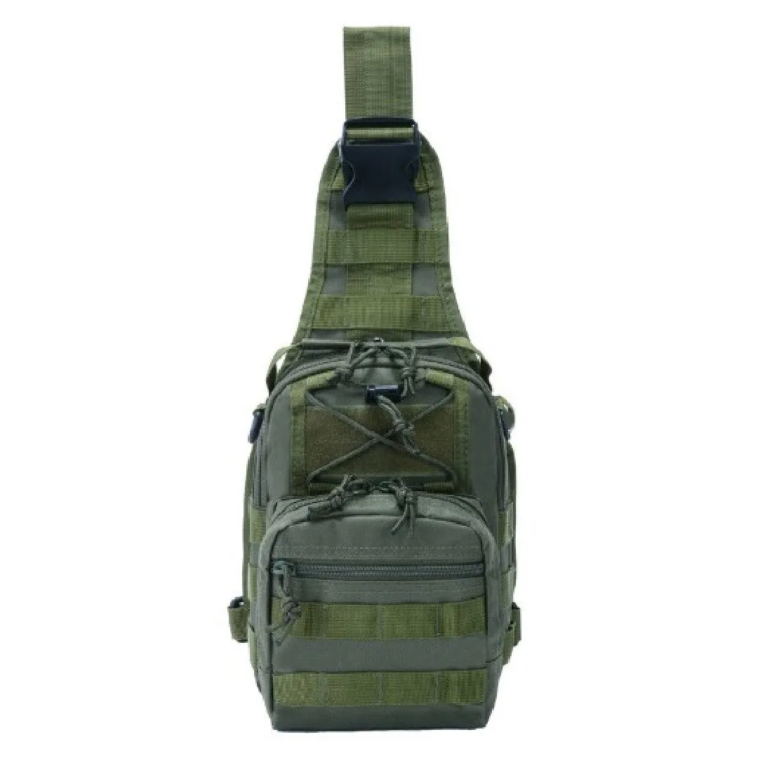 Small green camouflage tactical backpack with MOLLE webbing on front, carried crossbody.