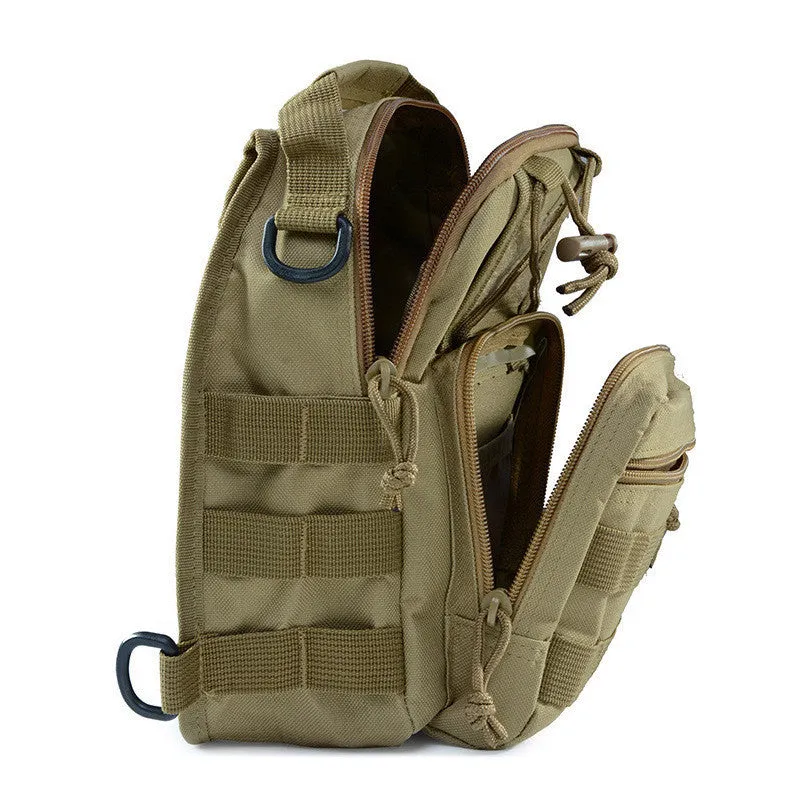 Small green camouflage tactical backpack with MOLLE webbing on front, carried crossbody.