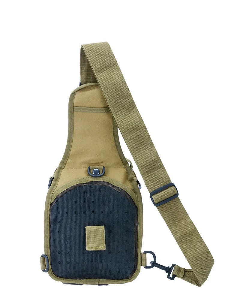 Small green camouflage tactical backpack with MOLLE webbing on front, carried crossbody.