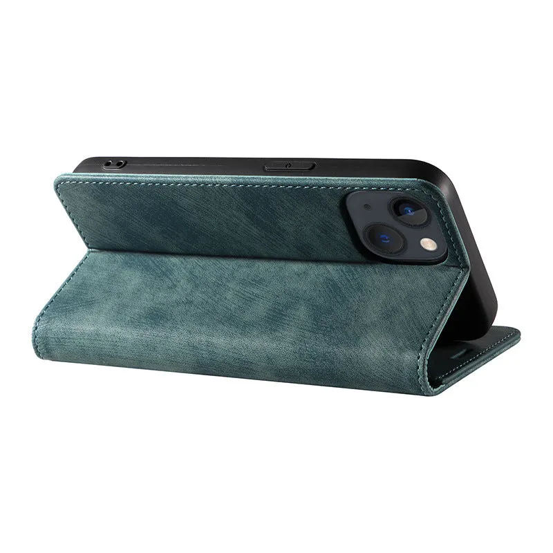 Magnetic flip phone case in grey showing interior card slots, compatible with various iPhone models.