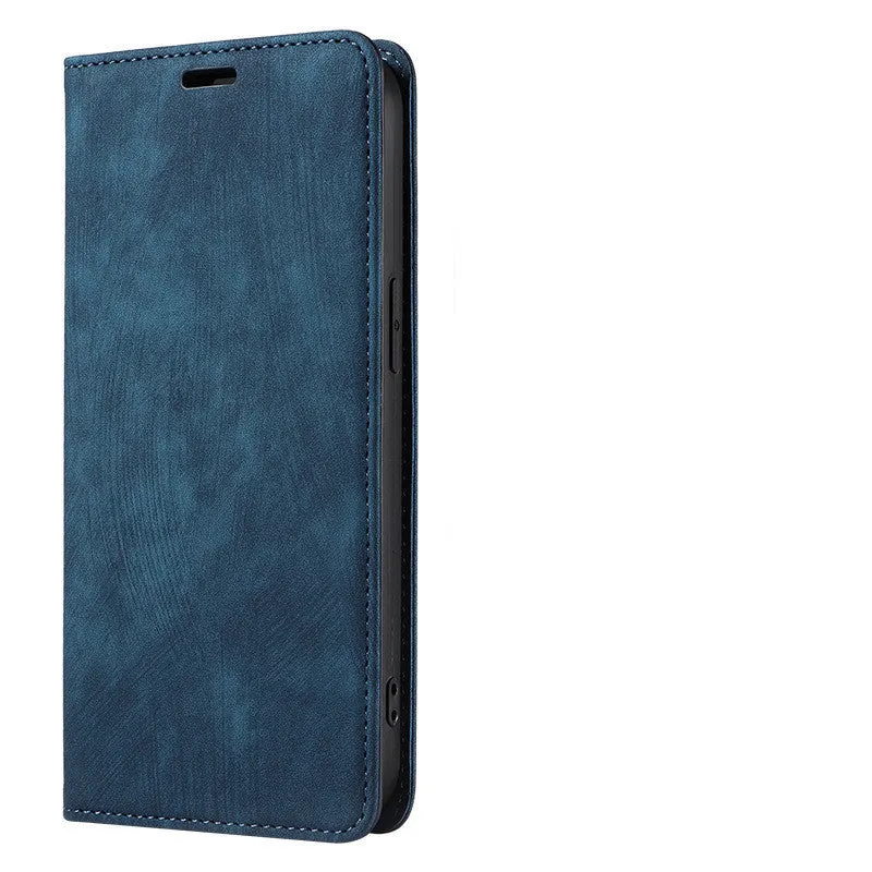 Magnetic flip phone case in grey showing interior card slots, compatible with various iPhone models.