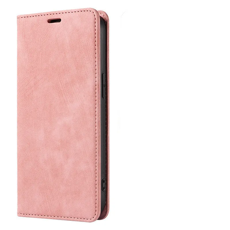 Magnetic flip phone case in grey showing interior card slots, compatible with various iPhone models.