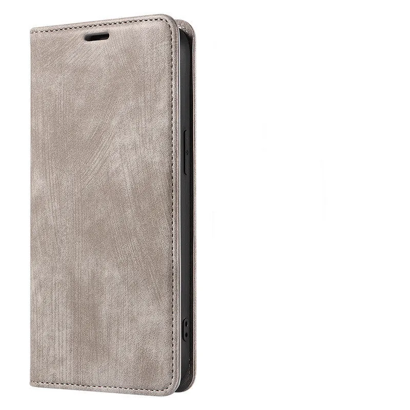 Magnetic flip phone case in grey showing interior card slots, compatible with various iPhone models.