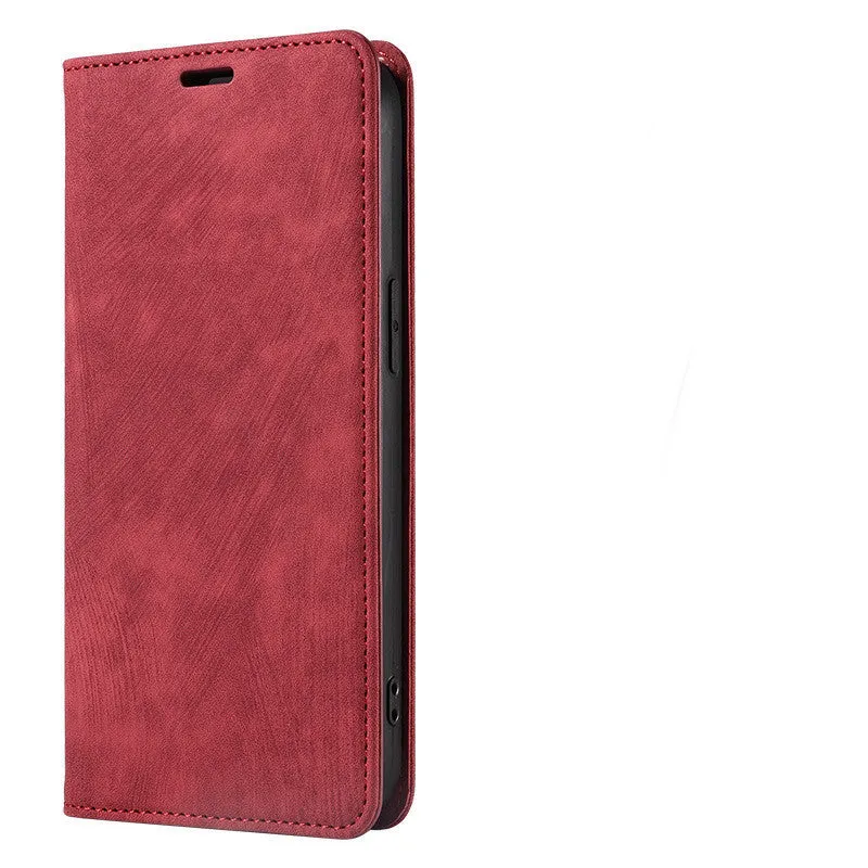 Magnetic flip phone case in grey showing interior card slots, compatible with various iPhone models.