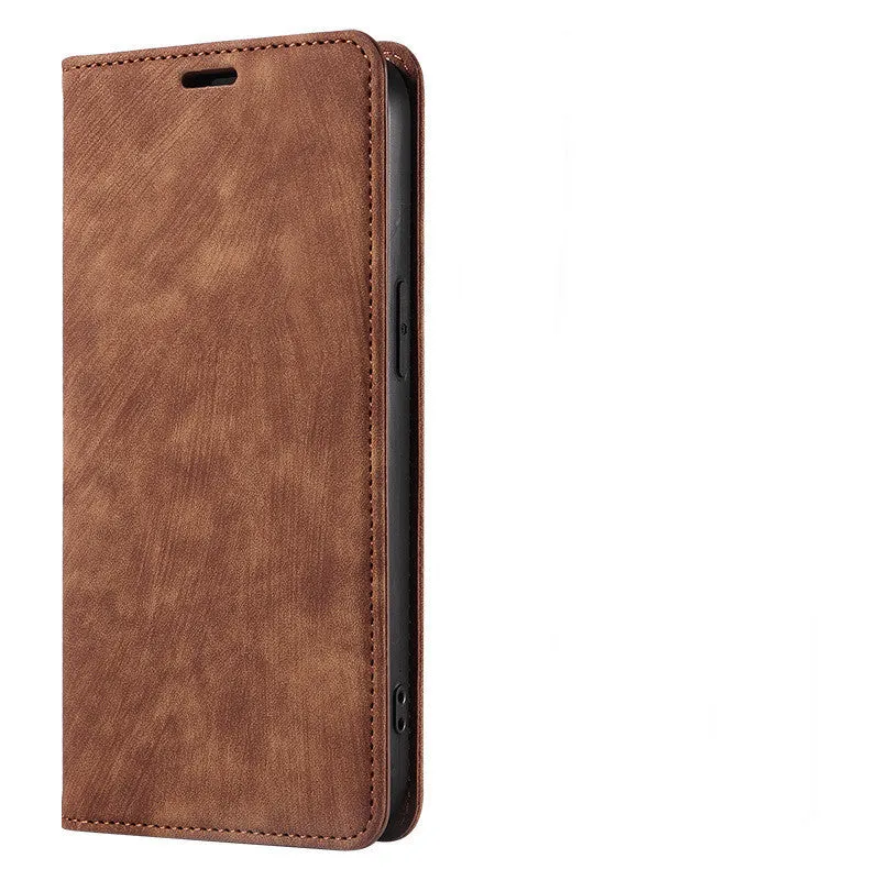 Magnetic flip phone case in grey showing interior card slots, compatible with various iPhone models.