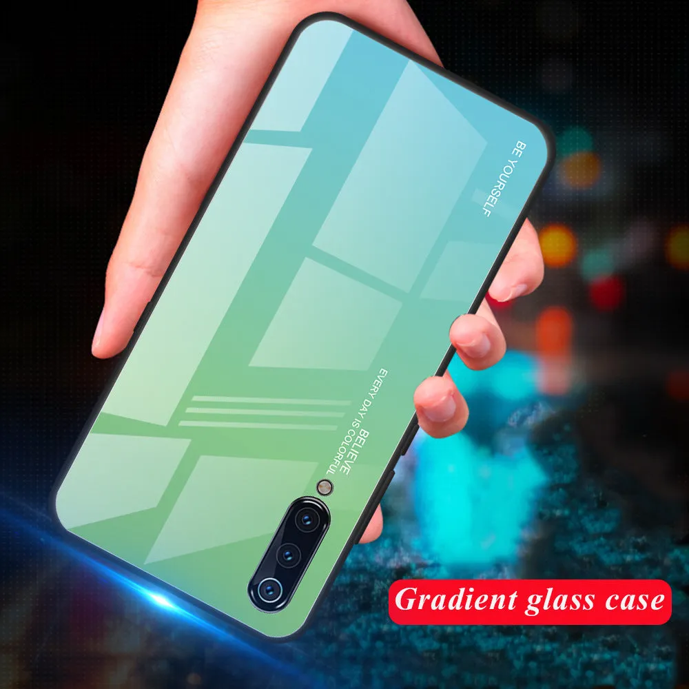 Gradient colour shift phone case with tempered glass back and TPU frame for Redmi smartphones.