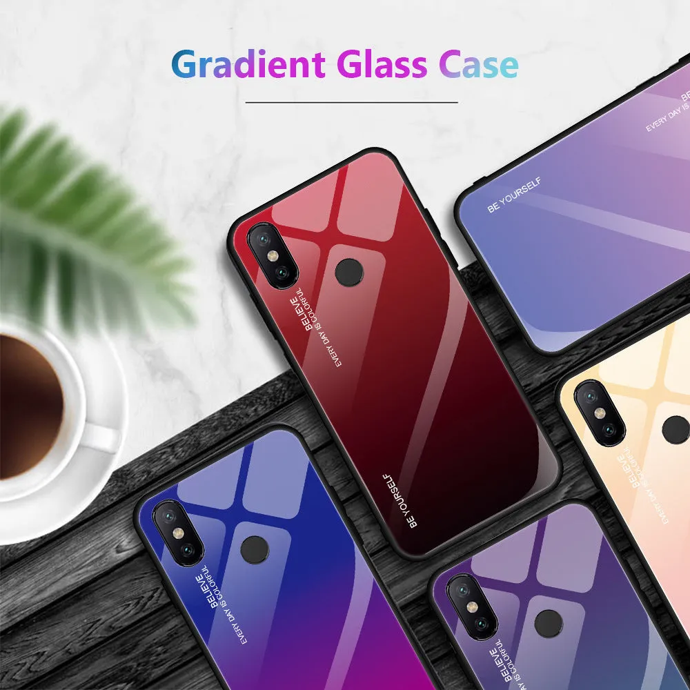 Gradient colour shift phone case with tempered glass back and TPU frame for Redmi smartphones.