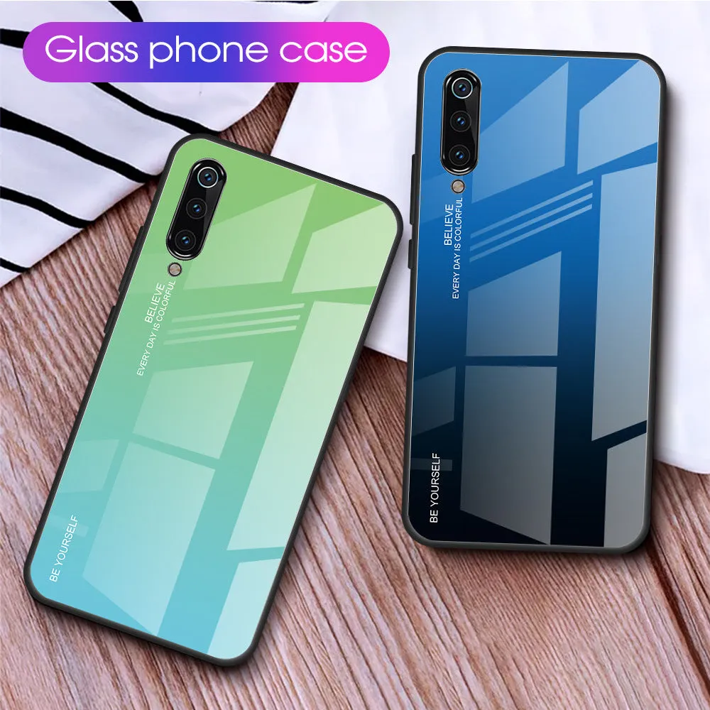 Gradient colour shift phone case with tempered glass back and TPU frame for Redmi smartphones.