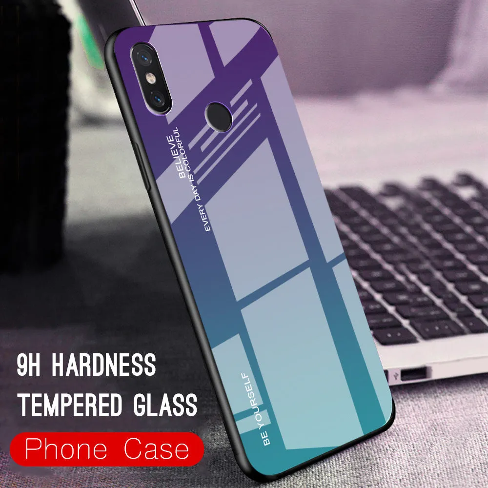 Gradient colour shift phone case with tempered glass back and TPU frame for Redmi smartphones.