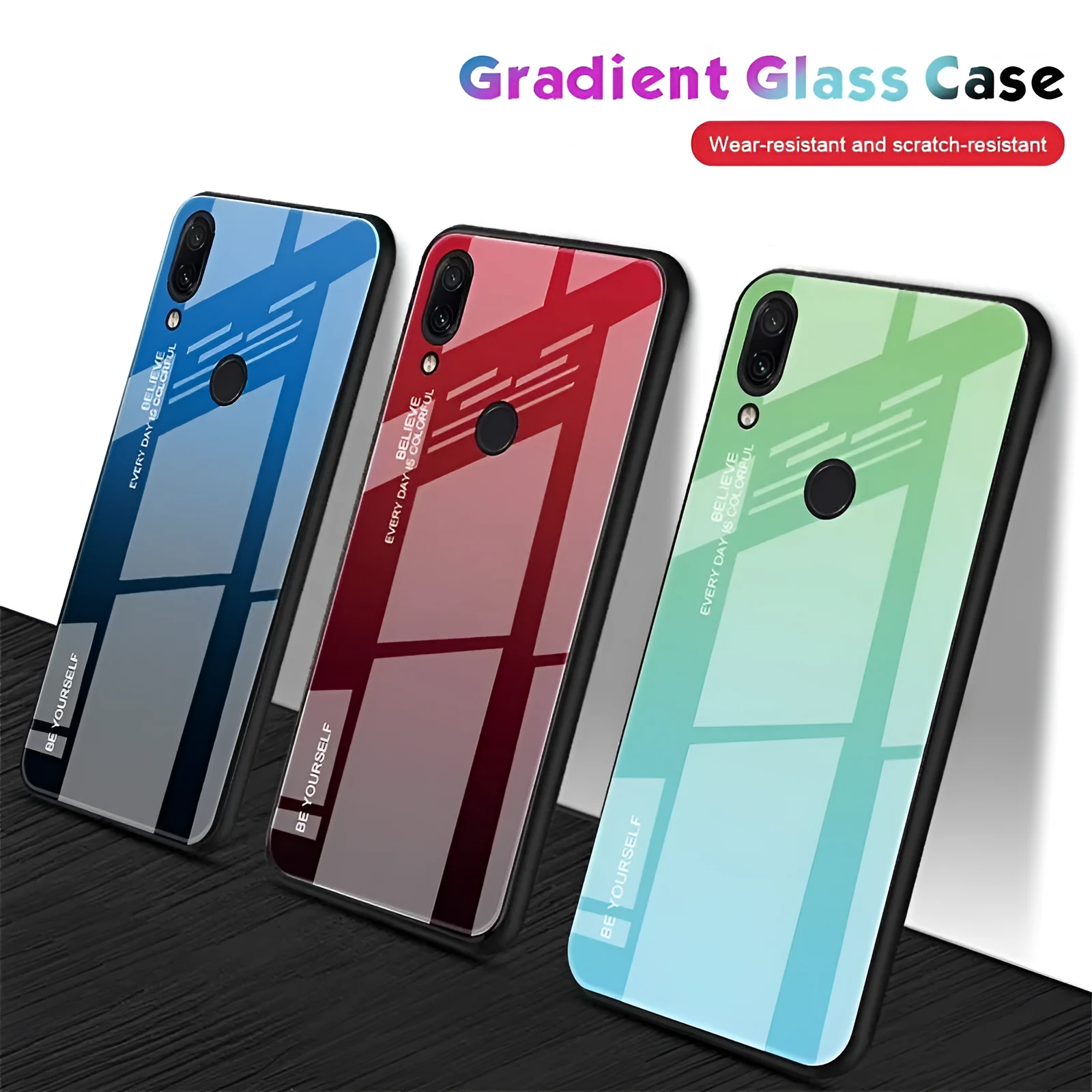 Gradient colour shift phone case with tempered glass back and TPU frame for Redmi smartphones.