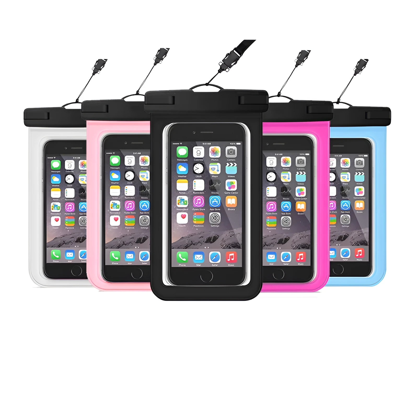 Waterproof mobile phone bag for devices up to 7 inches, made from PVC fabric in colours like pink-blue and turquoise.
