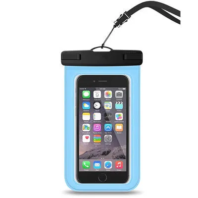 Waterproof mobile phone bag for devices up to 7 inches, made from PVC fabric in colours like pink-blue and turquoise.