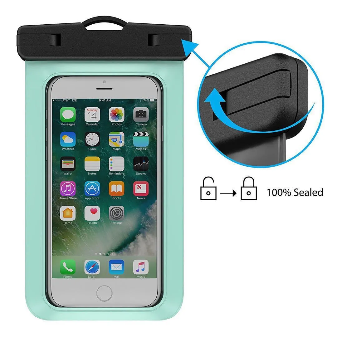 Waterproof mobile phone bag for devices up to 7 inches, made from PVC fabric in colours like pink-blue and turquoise.