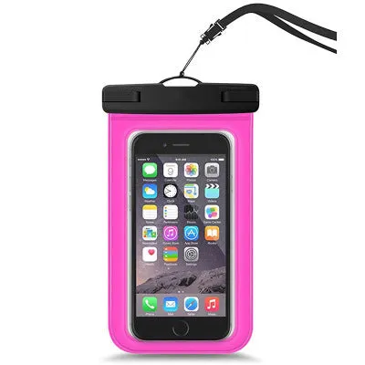 Waterproof mobile phone bag for devices up to 7 inches, made from PVC fabric in colours like pink-blue and turquoise.