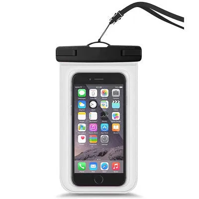 Waterproof mobile phone bag for devices up to 7 inches, made from PVC fabric in colours like pink-blue and turquoise.