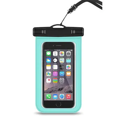 Waterproof mobile phone bag for devices up to 7 inches, made from PVC fabric in colours like pink-blue and turquoise.