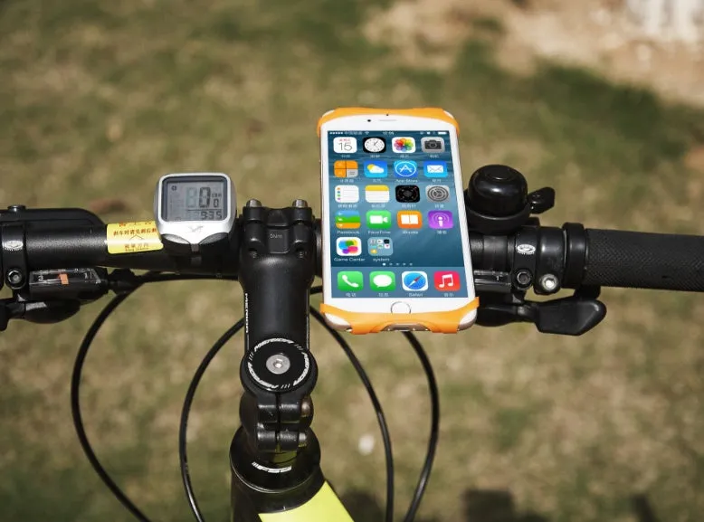 Silicone bicycle phone holder mounted on handlebars showing 3 adjustment holes and secure locking mechanism