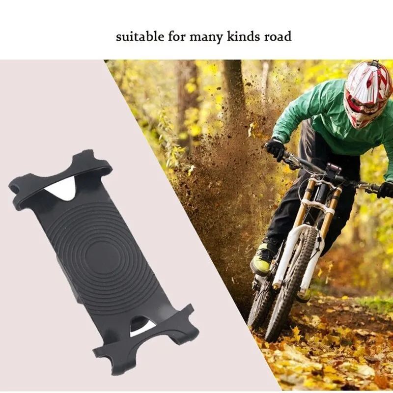 Silicone bicycle phone holder mounted on handlebars showing 3 adjustment holes and secure locking mechanism