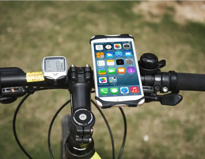 Silicone bicycle phone holder mounted on handlebars showing 3 adjustment holes and secure locking mechanism