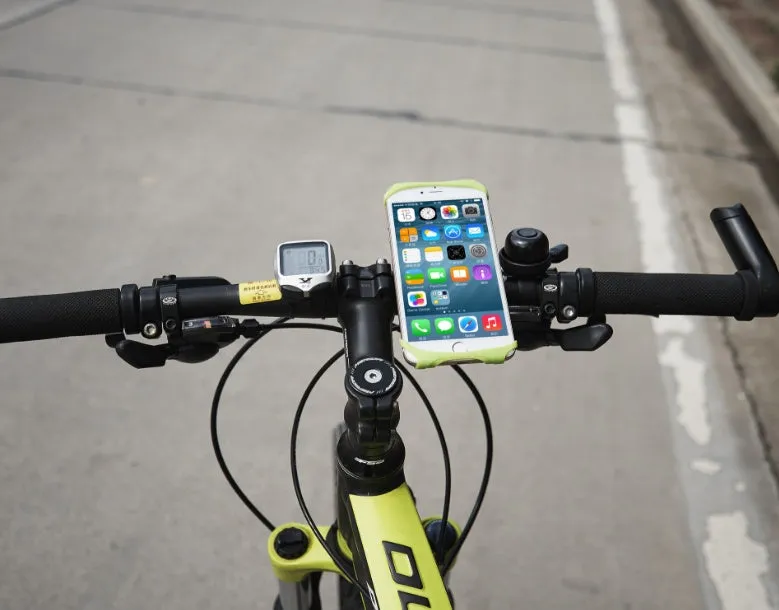 Silicone bicycle phone holder mounted on handlebars showing 3 adjustment holes and secure locking mechanism