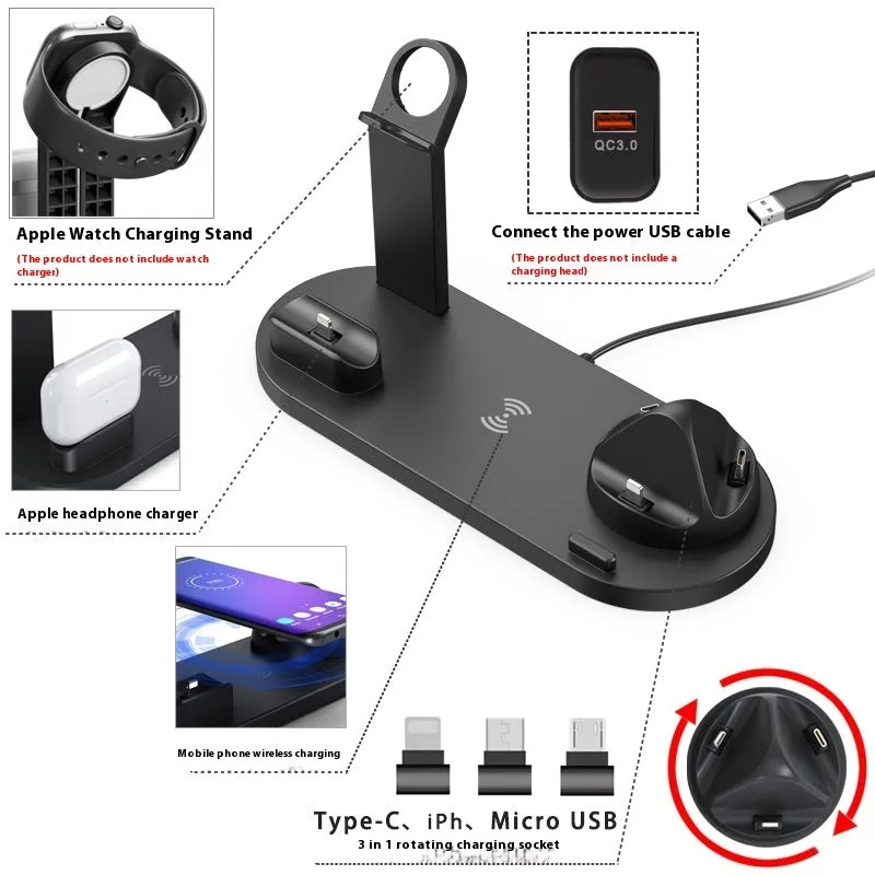 Black wireless charging stand holding a mobile phone, a smartwatch, and a headset on a desk.