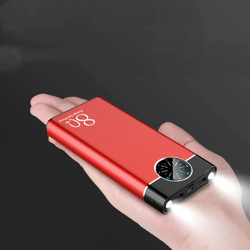 20000mAh alloy fast charging power bank in black, red, and blue colours with LED flashlight