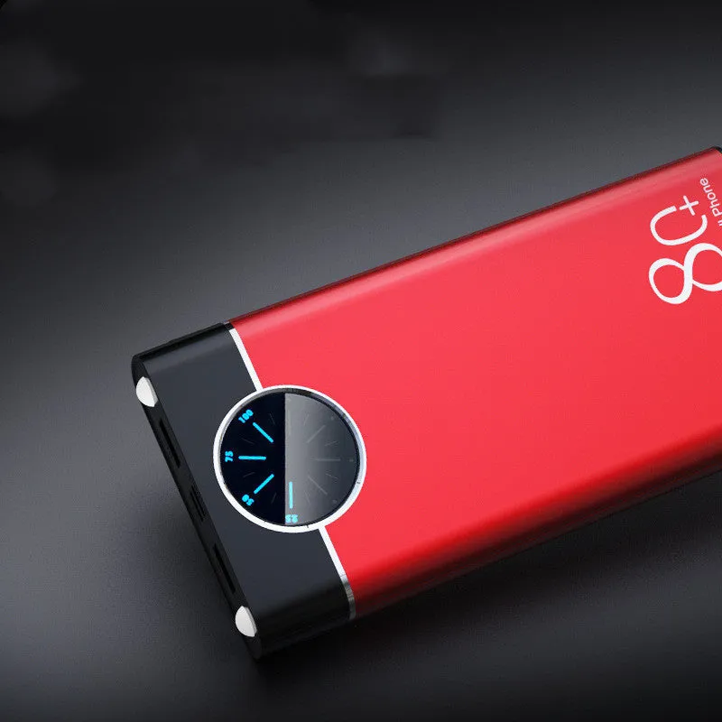 20000mAh alloy fast charging power bank in black, red, and blue colours with LED flashlight