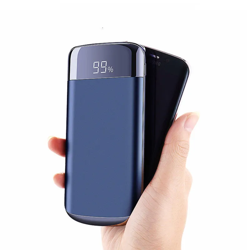 Square aluminium alloy power bank with digital display and multiple USB ports in select colours.