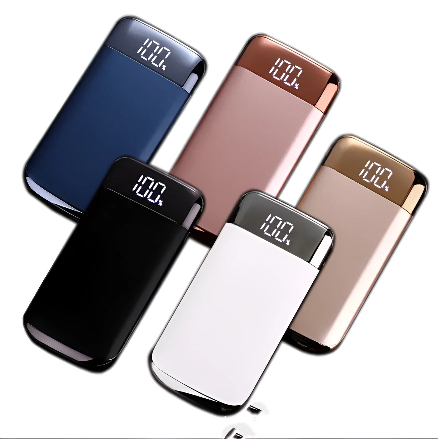 Square aluminium alloy power bank with digital display and multiple USB ports in select colours.