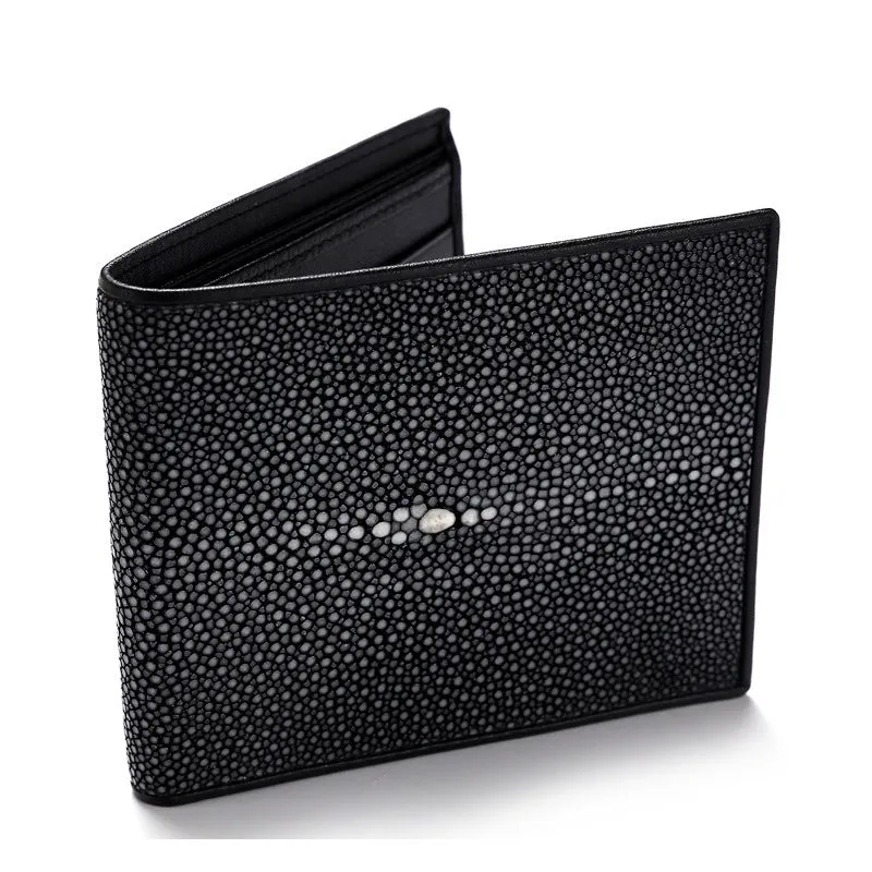 Cowhide leather wallet with pearl fishskin lining in horizontal square design