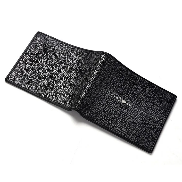 Cowhide leather wallet with pearl fishskin lining in horizontal square design