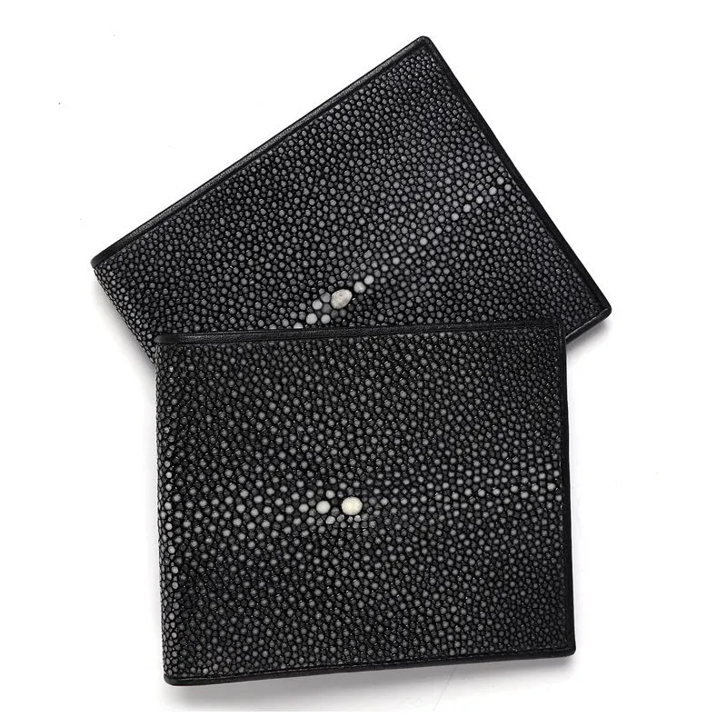 Cowhide leather wallet with pearl fishskin lining in horizontal square design