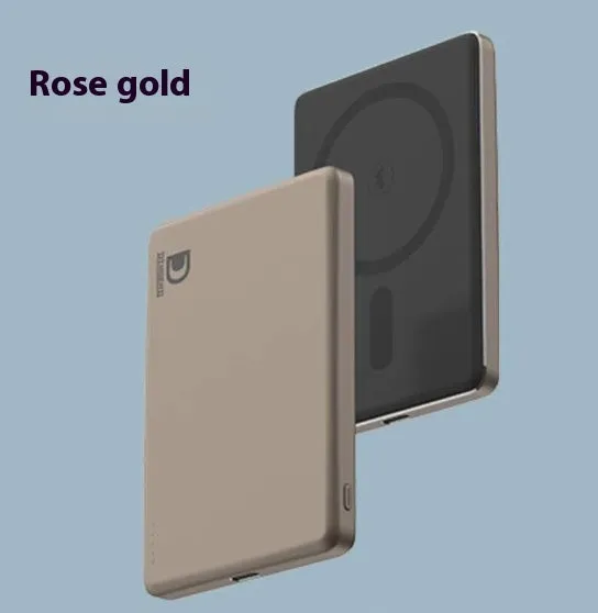 Slim aluminium magnetic power bank in deep space black colour, showing magnetic attachment to a smartphone.