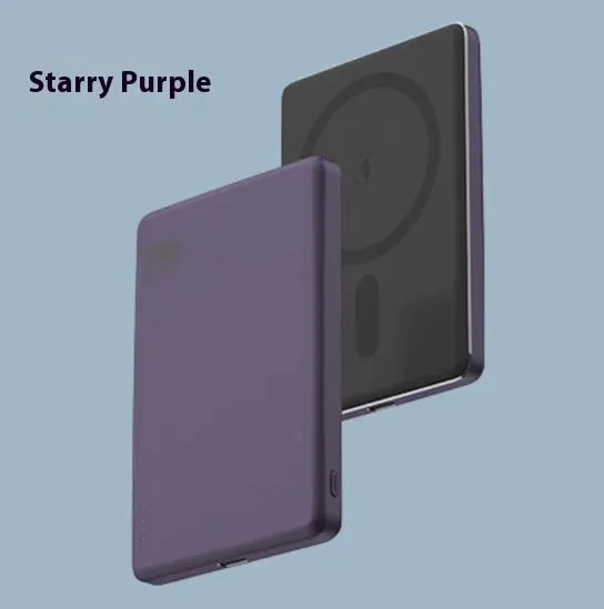Slim aluminium magnetic power bank in deep space black colour, showing magnetic attachment to a smartphone.