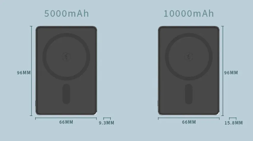 Slim aluminium magnetic power bank in deep space black colour, showing magnetic attachment to a smartphone.