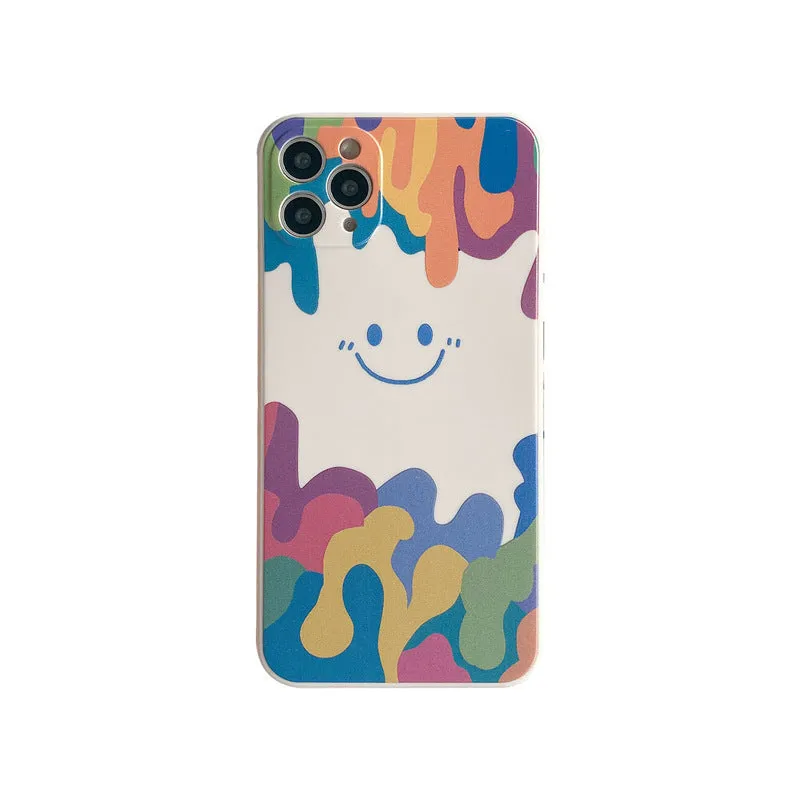 Simple silicone TPU iPhone case with a painted smiley face design on a solid colour background.