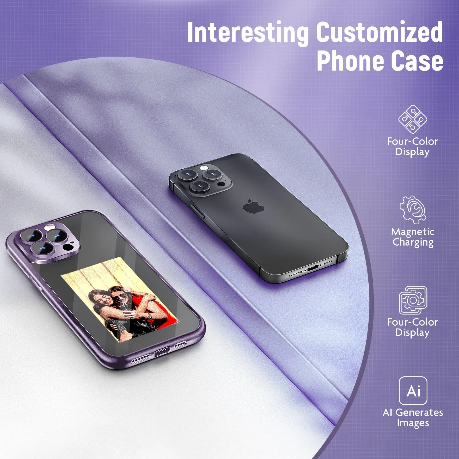 Black iPhone 15 Pro Max NFC flip phone case showing front cover with customisable ink screen surface