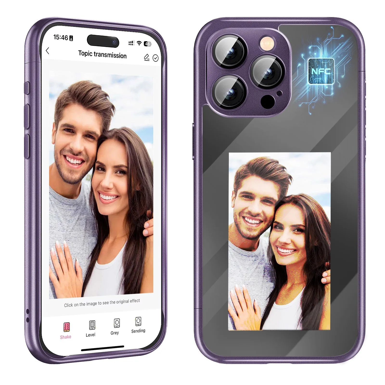 Black iPhone 15 Pro Max NFC flip phone case showing front cover with customisable ink screen surface
