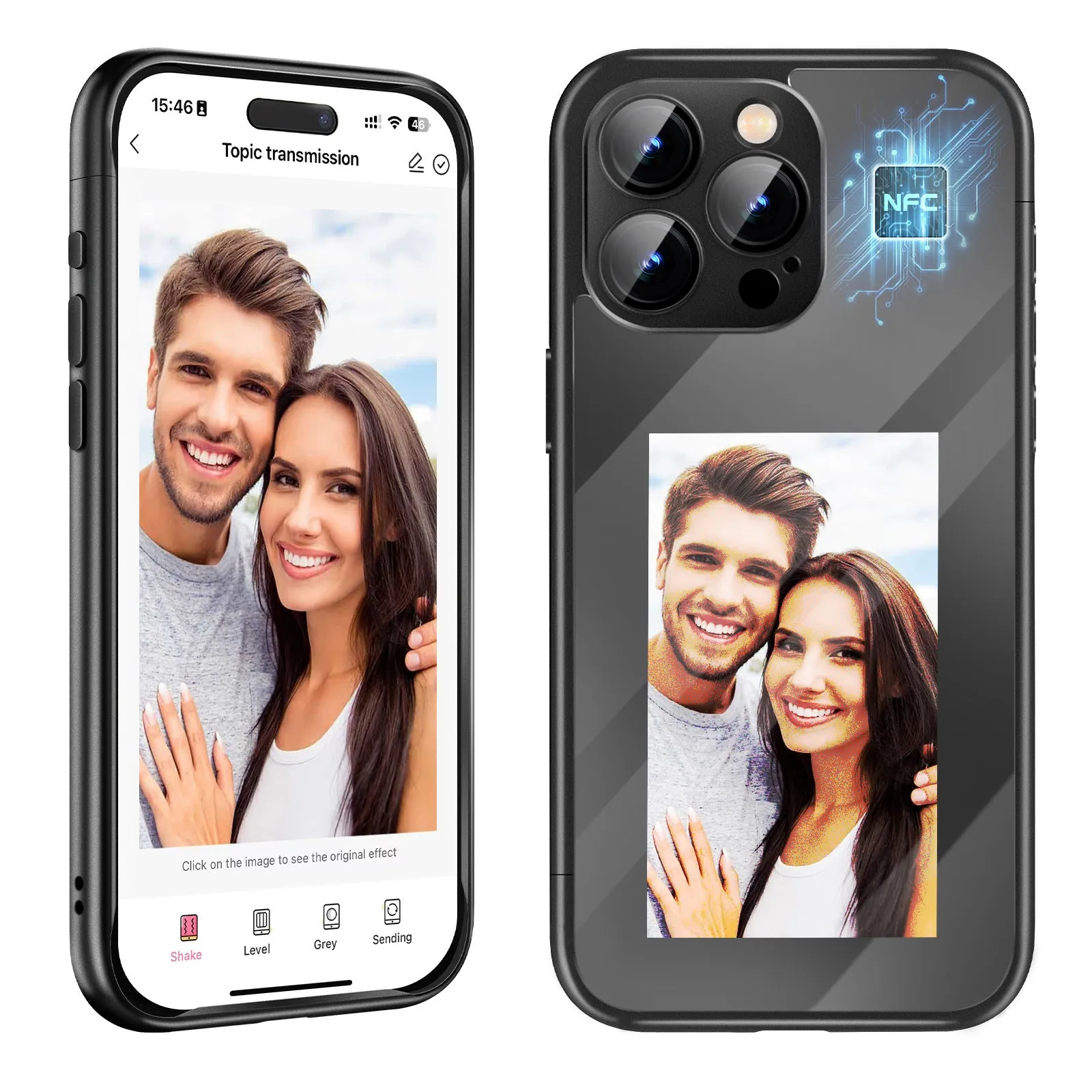 Black iPhone 15 Pro Max NFC flip phone case showing front cover with customisable ink screen surface