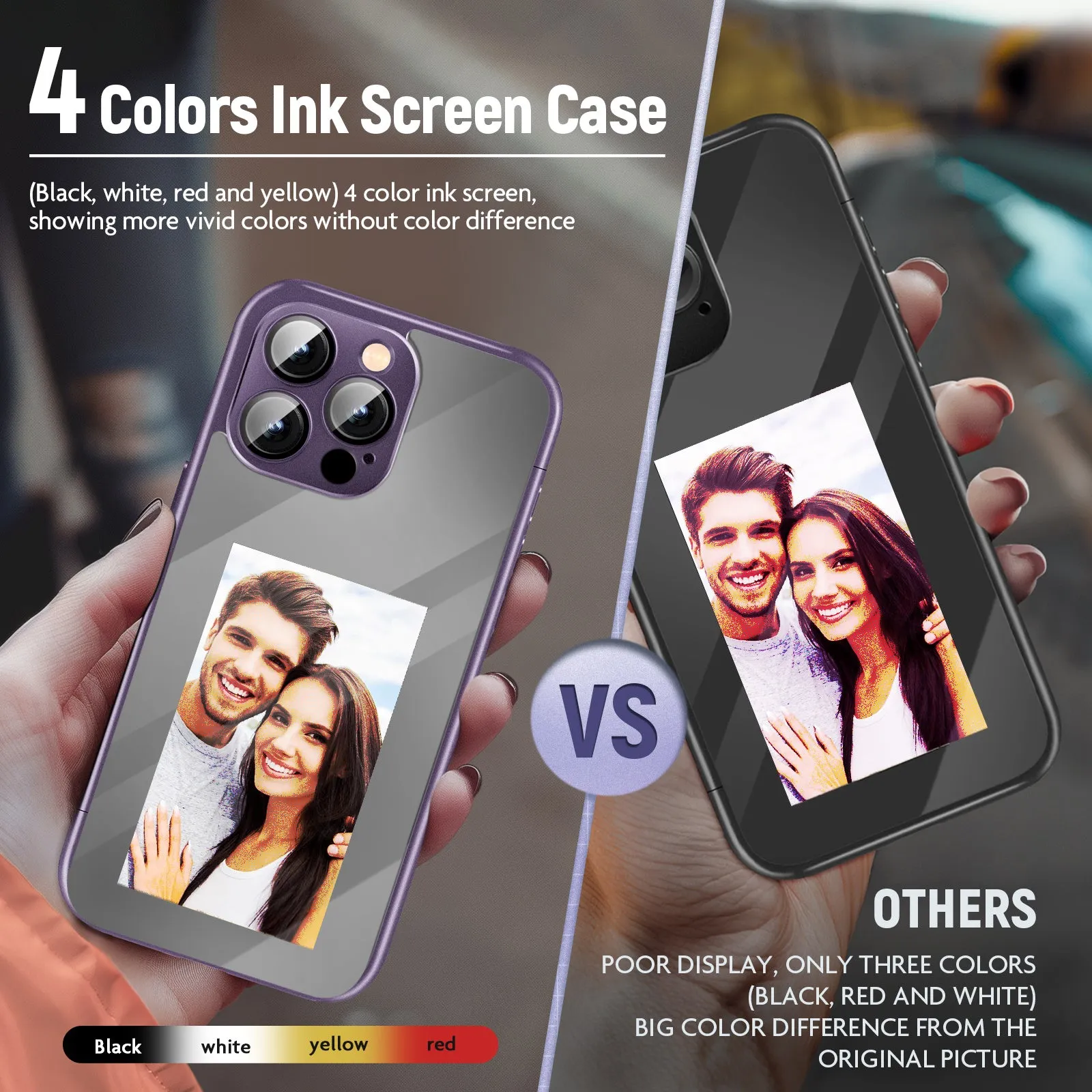 Black iPhone 15 Pro Max NFC flip phone case showing front cover with customisable ink screen surface