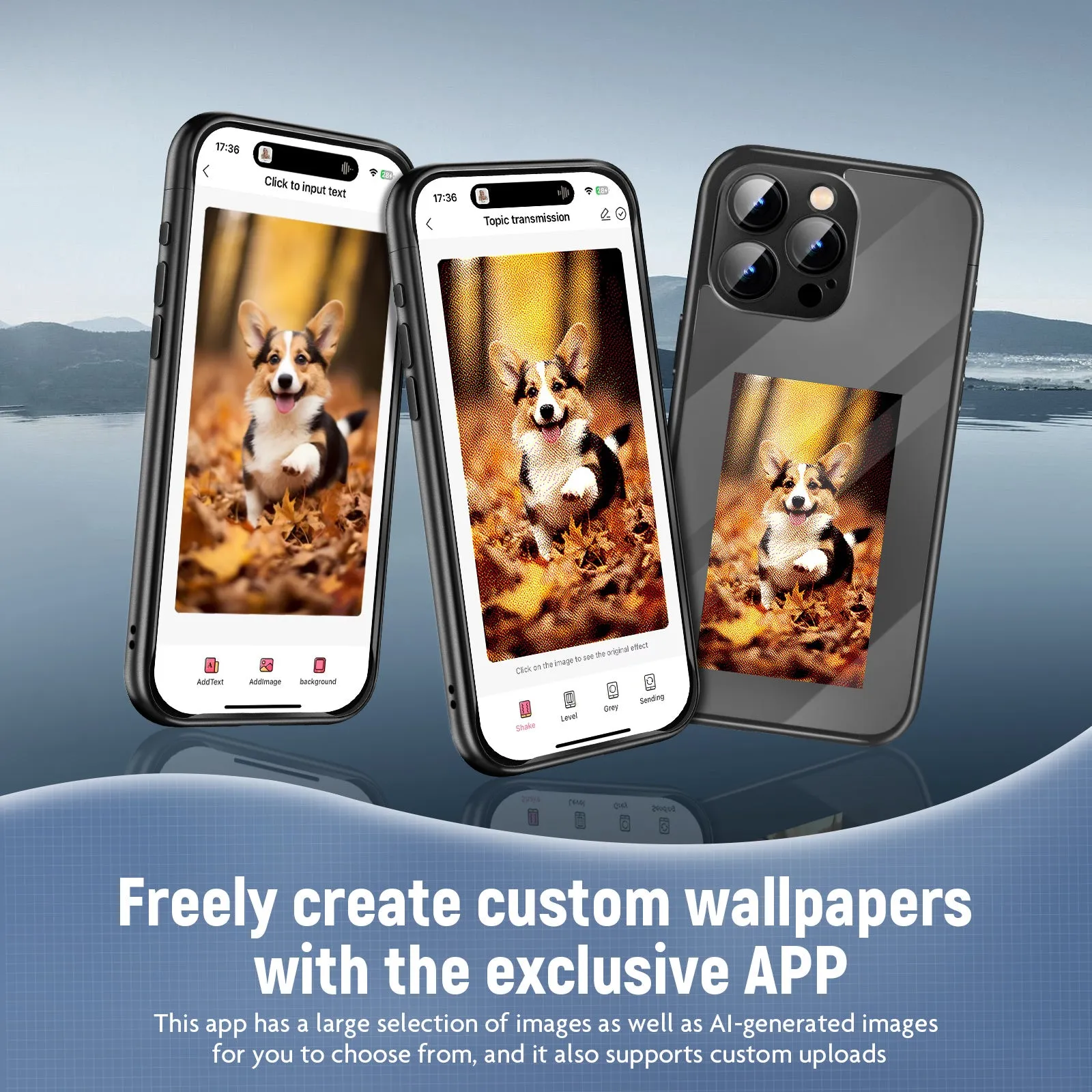Black iPhone 15 Pro Max NFC flip phone case showing front cover with customisable ink screen surface