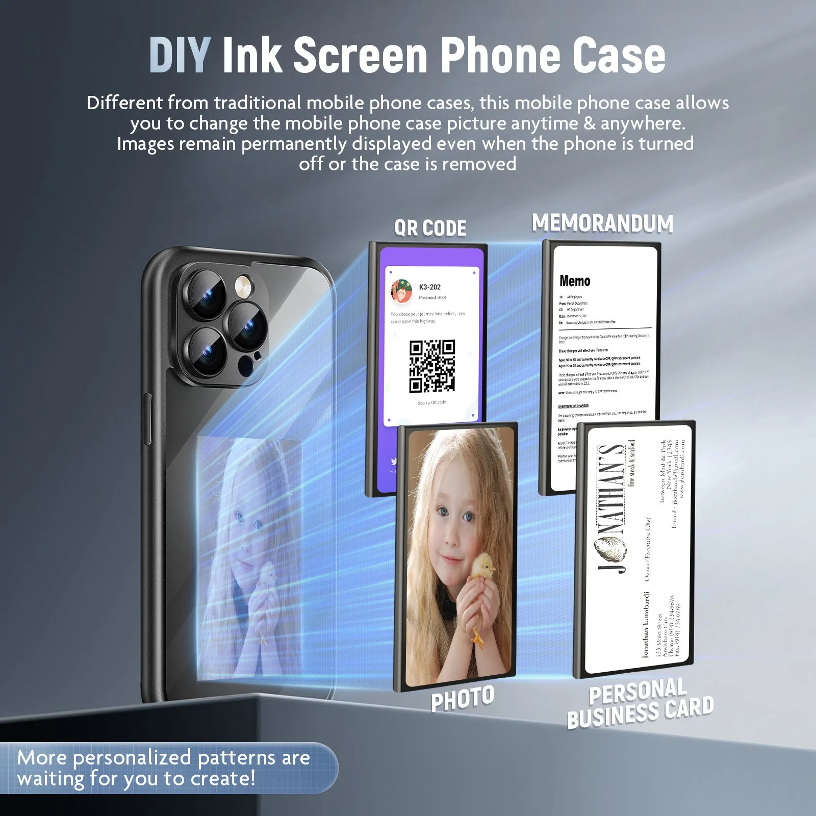 Black iPhone 15 Pro Max NFC flip phone case showing front cover with customisable ink screen surface