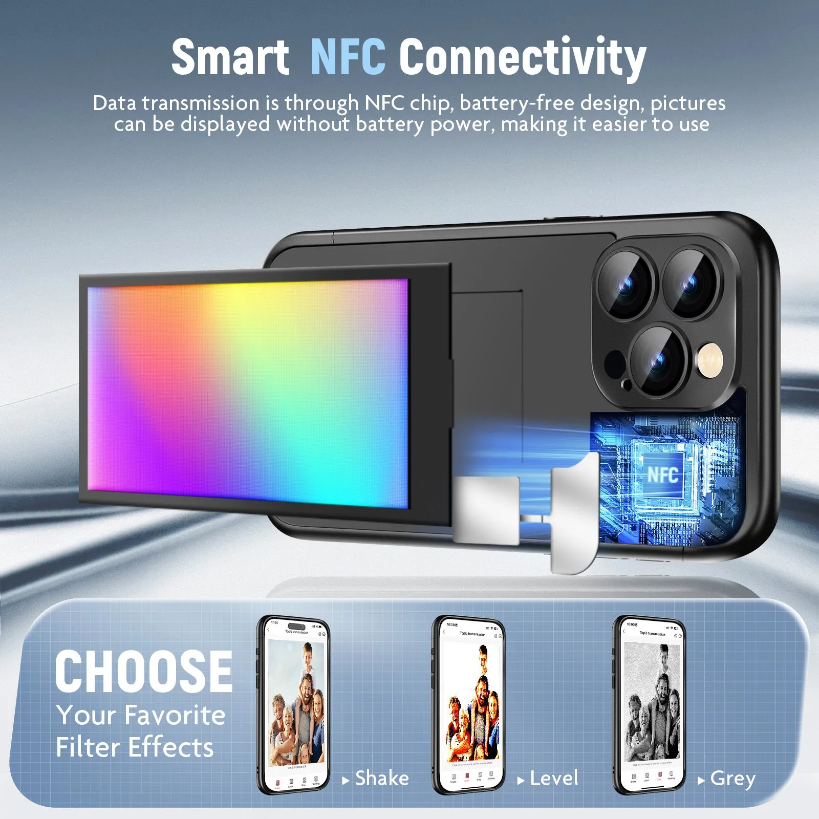 Black iPhone 15 Pro Max NFC flip phone case showing front cover with customisable ink screen surface