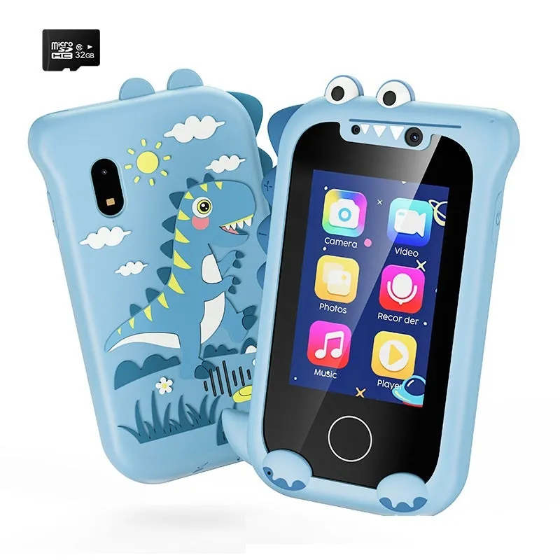 Blue silicone case educational mobile phone camera toy for children with touch screen and hang rope