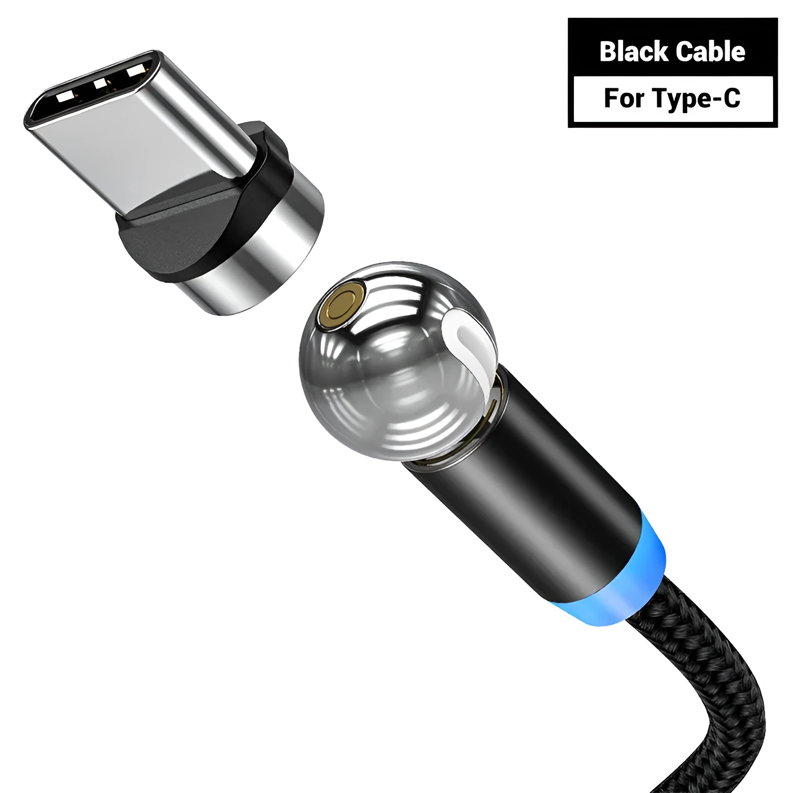 Black magnetic charging cable with spherical rotating head shown connected to mobile phone