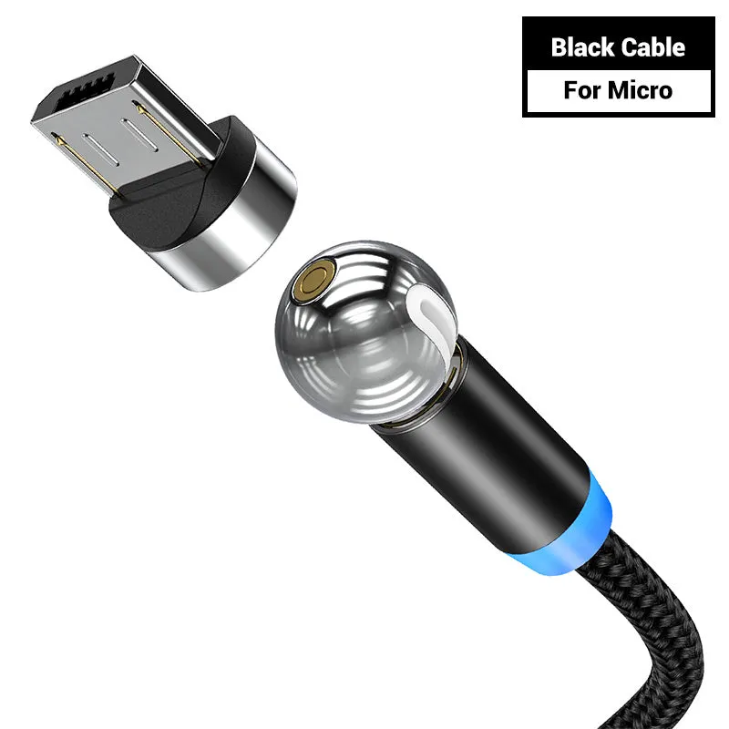 Black magnetic charging cable with spherical rotating head shown connected to mobile phone