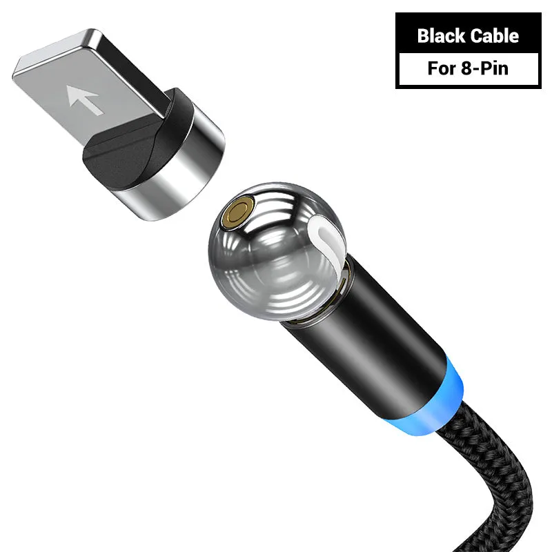 Black magnetic charging cable with spherical rotating head shown connected to mobile phone