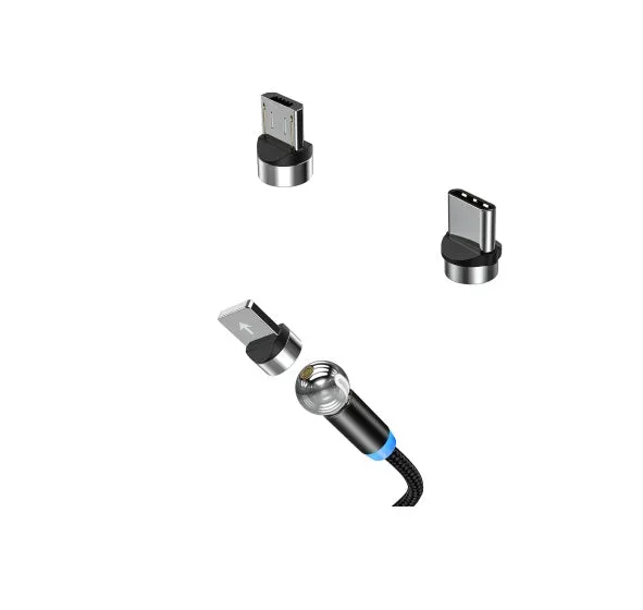 Black magnetic charging cable with spherical rotating head shown connected to mobile phone