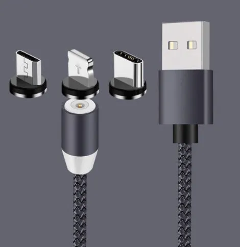 Black magnetic charging cable with spherical rotating head shown connected to mobile phone