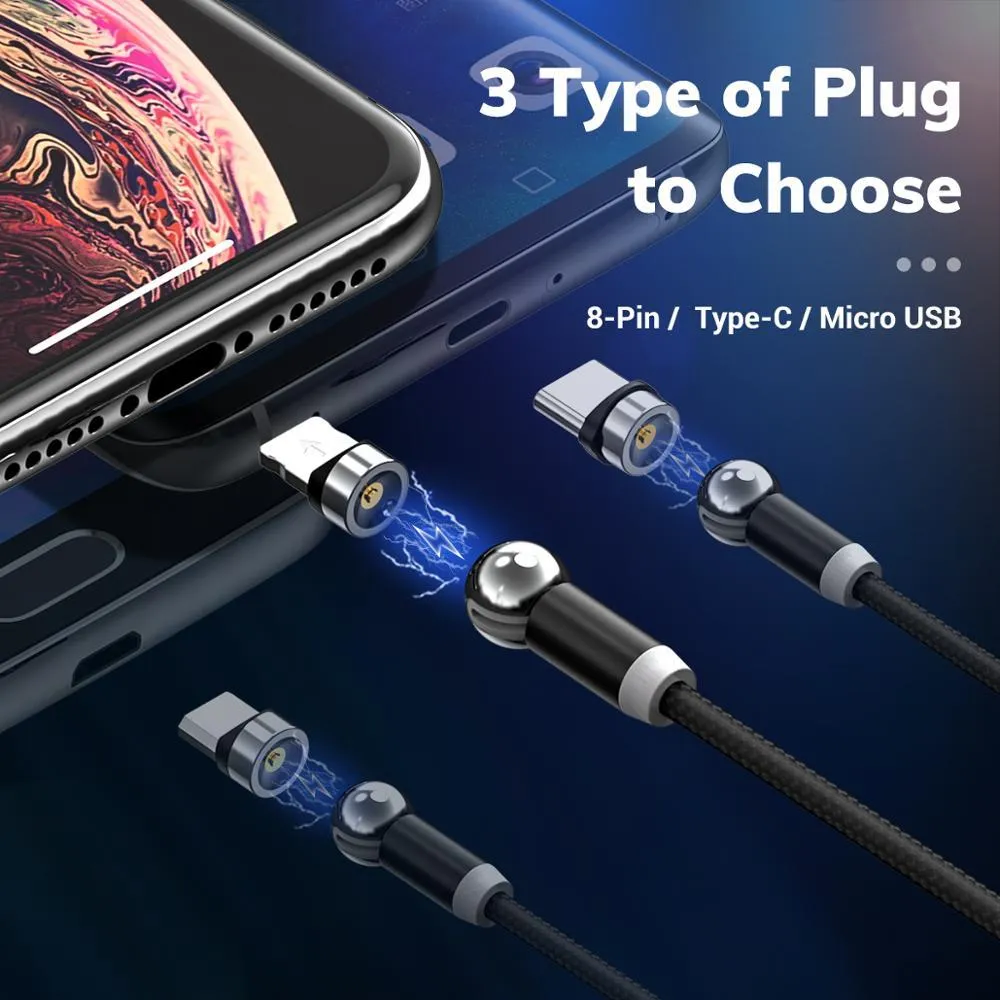 Black magnetic charging cable with spherical rotating head shown connected to mobile phone